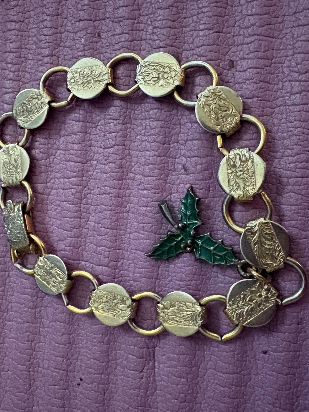 Vintage Sara Coventry Gold-Tone Coin Link Bracelet with Green Holly Charm